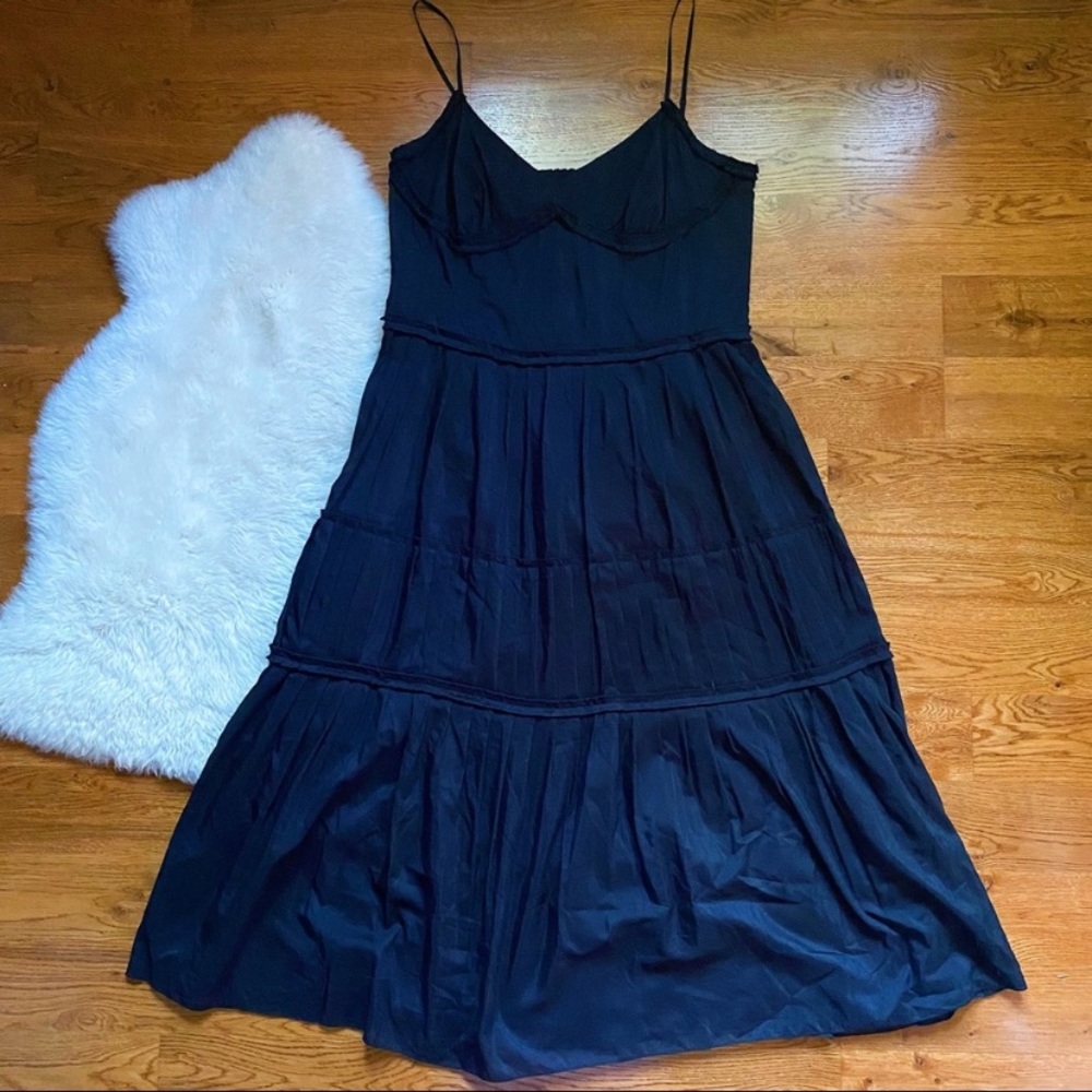 LOFT Black Silk Blend Tiered Midi Dress NWT